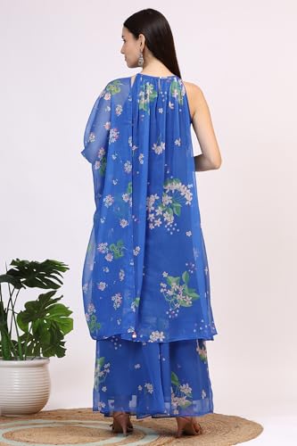 W for Woman Blue Floral Printed Halter Neck Chiffon Kurta with Flared Pants and Dupatta Set (Size: L)-WS12494-125435