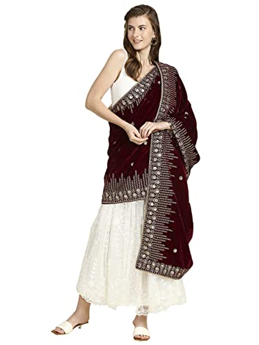 DUPATTA BAZAAR Women's Embroidered Maroon Velvet Dupatta, free size