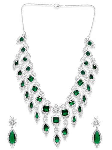 Rubans Womens Rhodium-Plated Stone Studded Necklace Earrings