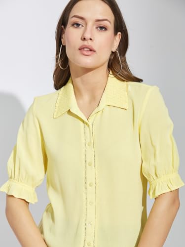 Latin Quarters Women's Yellow Half Sleeves Collar Neck Casual Solid Shirt_XL