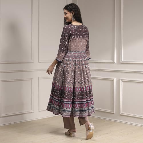 Biba Women Mud Brown Cotton Anarkali Printed Kurta Set_42