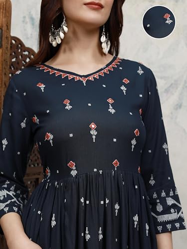 Vishudh Women 3/4 Sleeve V-Neck Dress VPa1000206 Blue M