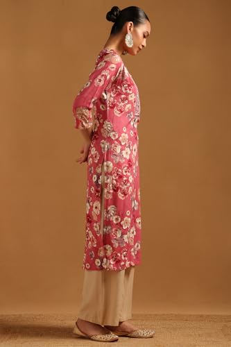 Soch Womens Pink Rayon Floral Print Kurta with Mirror Work