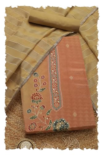 Soch Womens Beige Tissue Shimmer Floral Print Unstitch Dress Material With Zari