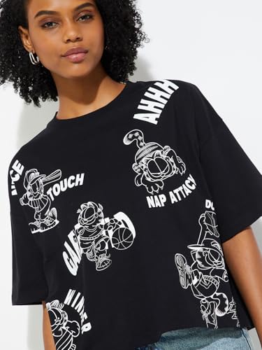 Max URB_N Women Garfiled Print Boxy Fit T-Shirt (Black_S)