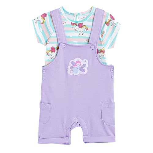 Hopscotch Girls Multi Short Sleeves 2-Pc Unicorn Cotton Overall Set For Ages(0-3 Months)