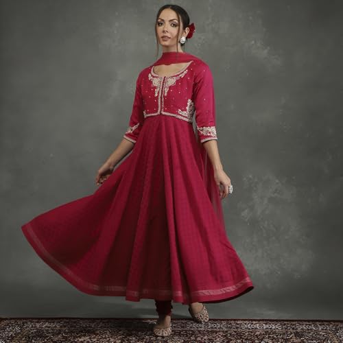 BIBA Women's Silk Chanderi Kurta Sets (CKD10745AW24FUS_Pink