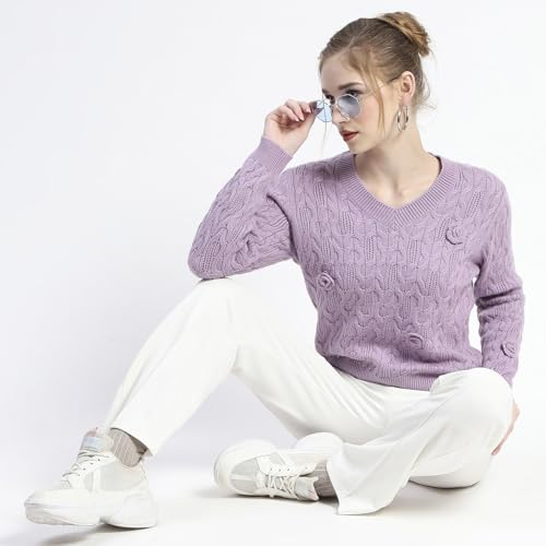 Madame Cable Knit Applique Flower Mauve Sweater