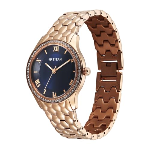 Titan Glamour Quartz Analog Blue Dial Stainless Steel Strap Watch for Women