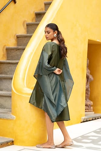 MIORAH Zari Tissue Dress with Viscose Slip for Women & Girls, Oversized Zari Tissue Ethnic Dress for Women’s, Round Neck & Hand Embroidery with Cut Dana (Colour- Olive Green, Size- 3XL)