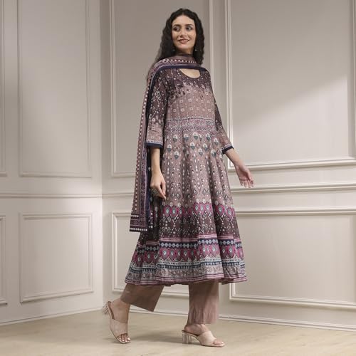 Biba Women Mud Brown Cotton Anarkali Printed Kurta Set_42