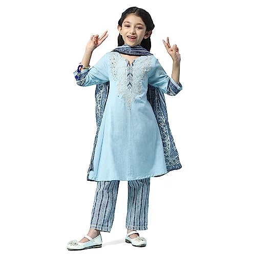 BIBA Cotton Girl Printed Straight Kid Kurta Set With Dupatta (Kw5000_Powder Blue_3)