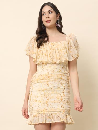 Trend Arrest.ed Women's Floral Ruched Mini Dress | Off-Shoulder Ruffle Neckline | Fully Lined Short Dress | Casual Summer Brunch & Vacation Wear (D5271_Cream_M)