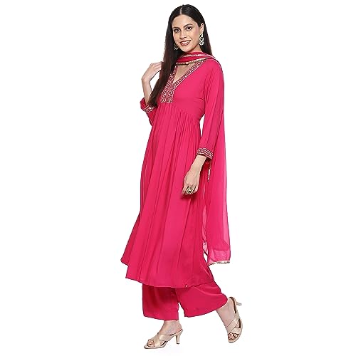 BIBA Cotton Blend Women's Solid Gathered Salwar Kurta Dupatta(Skdassorted8909_Fuchsia_38)