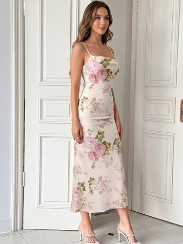 FASHION YARI Womens Summer Dress 2026 Spring Mesh Sleeveless Bodycon Ruched Floral Holiday Maxi Long Dresses Off-White