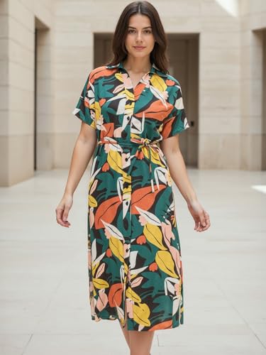 Bewakoof Women's All Over Printed Relaxed Fit Half Sleeve Collar Viscose Rayon Dress_684816_Multicolor_S