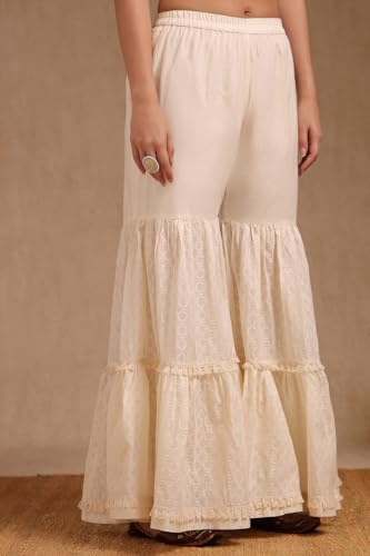 Soch Womens Off White Cotton Embroidered Suit Set With Faux Mirror And Sequins