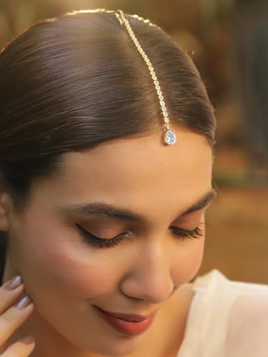 Rubans Stylish 22KT Gold Plated Cubic Zirconia Studded & AD Drop Handcrafted Maang Tikkas