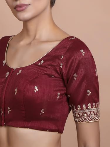 S SALWAR STUDIO Maroon Silk Embroidered Round Neck Readymade Blouse