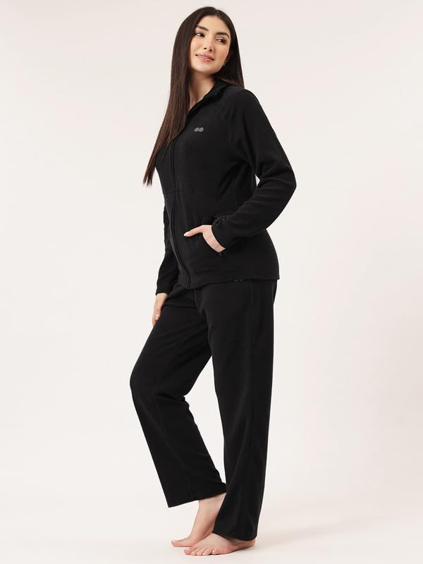 Clovia Women's Winterwear Fleece Zippered Jacket & Pyjama Set (LSW779R13_Black_M)