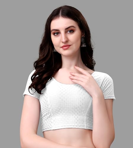 Kipzy Women's Cotton Stretchable Saree Blouse – Round Neck, Short Sleeves, Readymade Slim Fit Blouse for Women (White, 28)