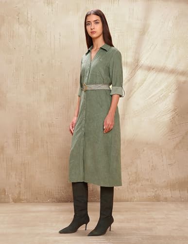 U.S. Polo ASSN. Women Solid Midi Shirt Dress (UWAW25DRS177_Olive_M)