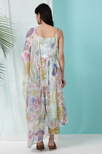 W for Woman Light Blue Floral Printed Gathered Sleeveless Chiffon Kurta with Pants and Dupatta Set (Size: 2XL)-WS12548-125443