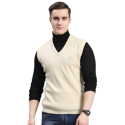 Monte Carlo Mens Beige Solid V Neck Sleeveless Wool Blend Casual Sweater (1230118SL-2638-44)