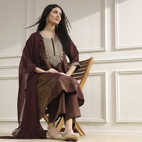 Biba Women's Viscose Kurta Set (SKDASRTFES30266AW25WNE_Wine