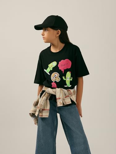VERO MODA Girl's Graphic Print Regular Fit Black T-Shirt