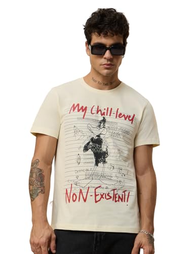 The Souled Store Looney Tunes: My Chill Level Men and Boys Short Sleeves Round Neck Off White Graphic Printed Casual Lightweight Streetwear Trendy T-Shirts