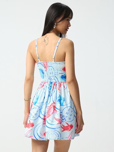 The Souled Store Hello Kitty: Indigo Wave Women and Girls Sleeveless Sweetheart Neck Light Blue Graphic Printed Cotton Fit and Flare Lightweight Casual Dress