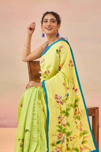 Taneira Women Light Green Silk Bengal Hand Paint Embroidery Saree with Unstitched Blouse (SAIH01AD4870 - Light Green)