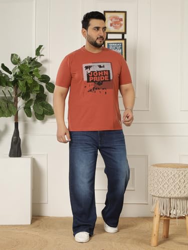 JOHN PRIDE Plus Size Men Regular Fit Printed Short Sleeves Rust Round Neck Stretchable T-Shirt (JPTSR32445_7XL_Rust)