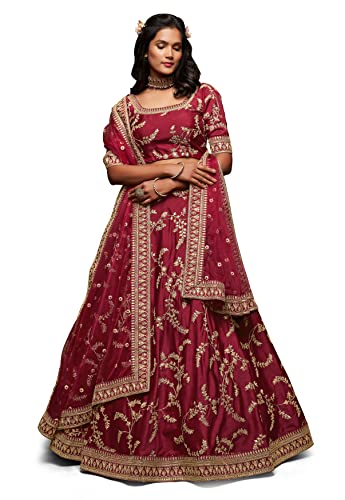 Zeel Clothing Women's Art Silk Semi-Stitched Lehenga Choli with Dupatta (7802-Maroon-Wedding-Bridal-Latest-Choli; Free Size) (Maroon)