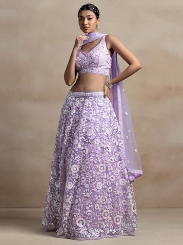 Zeel Clothing Women's Sequins Embroidered Soft Net Designer Lehenga Choli with Dupatta (5126-Lavender-Womens-Lehenga-Choli-Latest; Free Size) (Lavender)