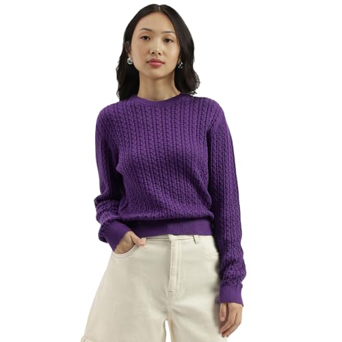 United Colors of Benetton Round Neck Knitted Sweater (Size: S)-25A1244D10AXG3K9 Purple