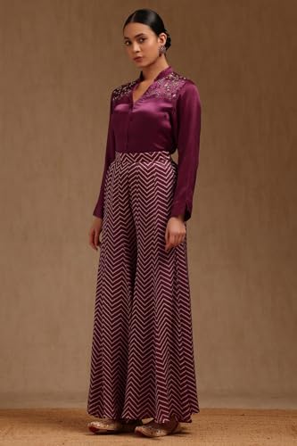 Soch Womens Wine Satin Solid Co-Ord Set With Beads