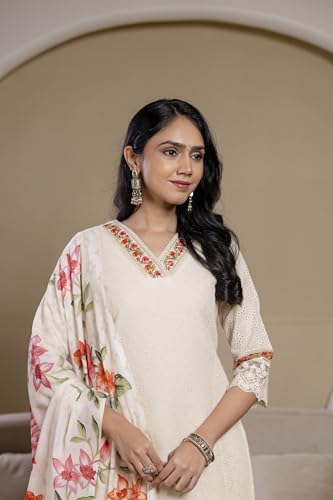 NIVANA Chikankari & Embroidered Kurta with Pant & Floral Printed Dupatta | M | Cream | V-Neck | 3/4 Sleeves