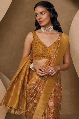 Soch Womens Mustard Chanderi Floral Print Saree