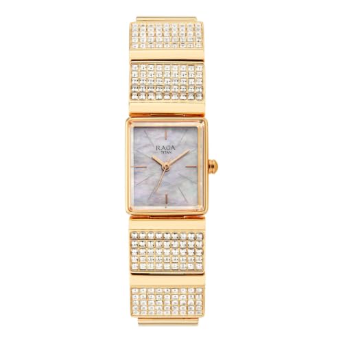 Titan Raga Unlocked Quartz 3 Hand Shaped White Mother of Pearl Dial, IP Rose Gold Strap Watch for Women - 2828WM01F