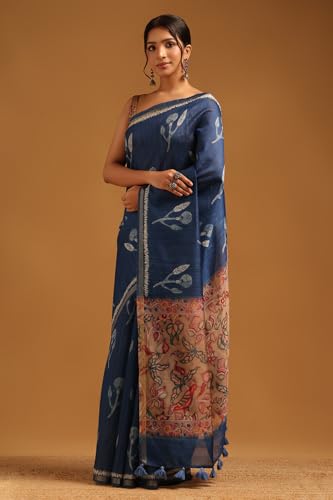 Soch Womens Navy Blue Tussar Botanical Saree