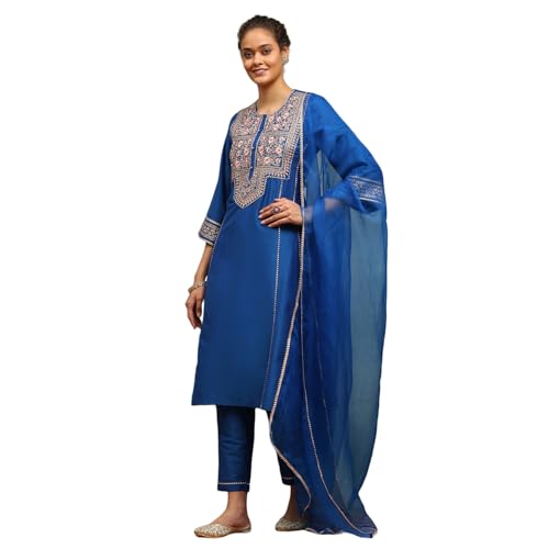 Rangriti Women Blue Viscose Blend Embroidered Kalidar Suit Set_36