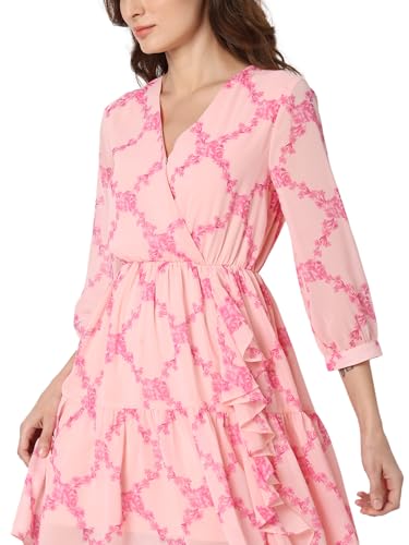 VERO MODA Women Floral Print Pink Polyester Above Knee Length Fit and Flared Dress
