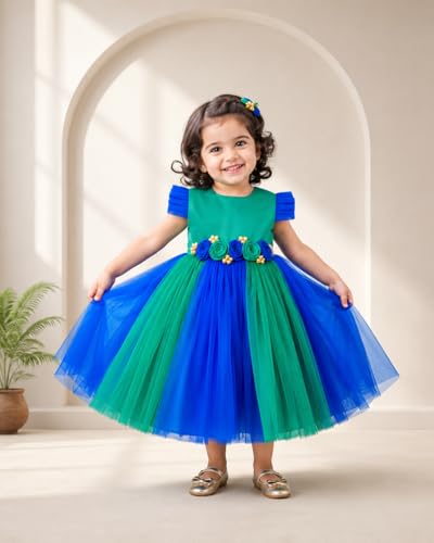 Stanwells Kids Baby Girl Peacock Blue Net Frock Birthday Kids Dress for Girls Short Sleeve Flared Knee Length 2-3 Years