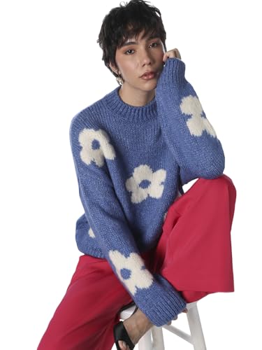 ONLY Women's Floral Print Loose Fit Blue Sweater