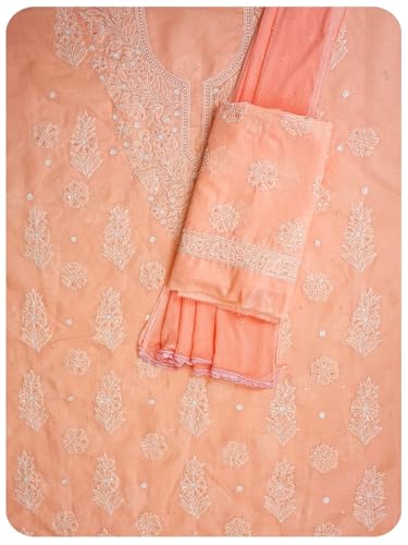 Ada Hand Embroidered Lucknowi Chikankari Unstitched Cotton Dress Material Suit Piece with Dupatta for Women 01A790900 Peach