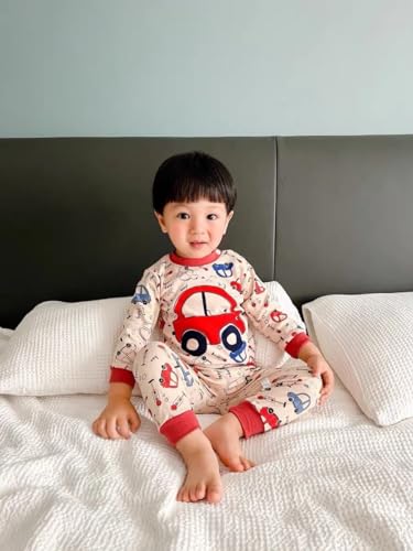Bold N Elegant Full Sleeve Cartoon Print Cotton T-Shirt & Pajama Pajama Clothing Set for Infant Toddler Baby Boy Girl Kids (0-6 Months, Red)