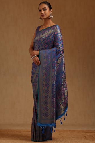 Soch Womens Blue Tussar Floral Woven Design Saree