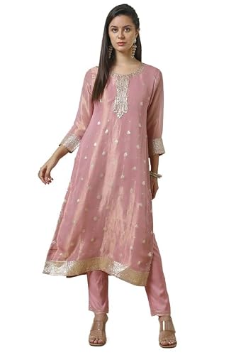 Soch Womens Pink Zari Woven Straight Tissue Suit Set With Sequins